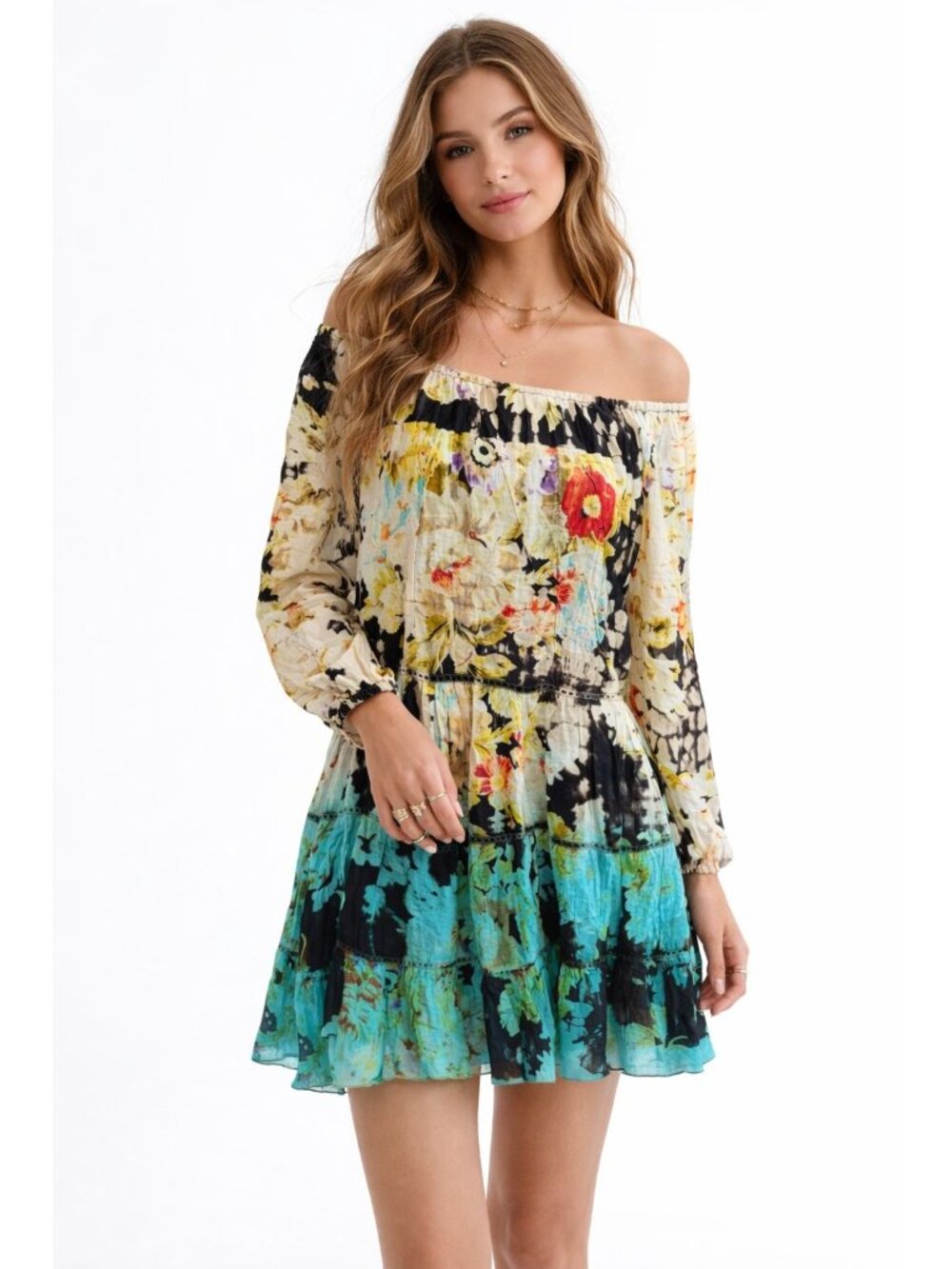 Natural Life Floral Tie-Dye Boho Off-The-Shoulder Dress Womens M 100% Cotton
